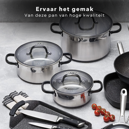 Cheqo® RVS Kookpan - Soeppan - 9L - Ø 28x16,5cm - Ultra-Inductie 5mm - 18/10 RVS - 2x Uitloop - Maatverdeling - Vaatwasmachinebestendig - Alle Warmtebronnen - Ook voor Inductie Kookpan