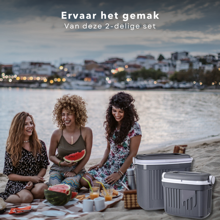 Cheqo® Koelbox Set - 2 stuks - 8L & 32L - Kunststof - 9 & 12 uur Koel - Coolbox - Koel Box - Vergrendelbaar - Grijs Koelbox