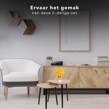 Cheqo® 2-delige Bijzettafel Set - Bijzet Tafel - Tafeltjes - Tafeltje - MDF & Zwart PVC - Hout & Zwart Bijzettafel