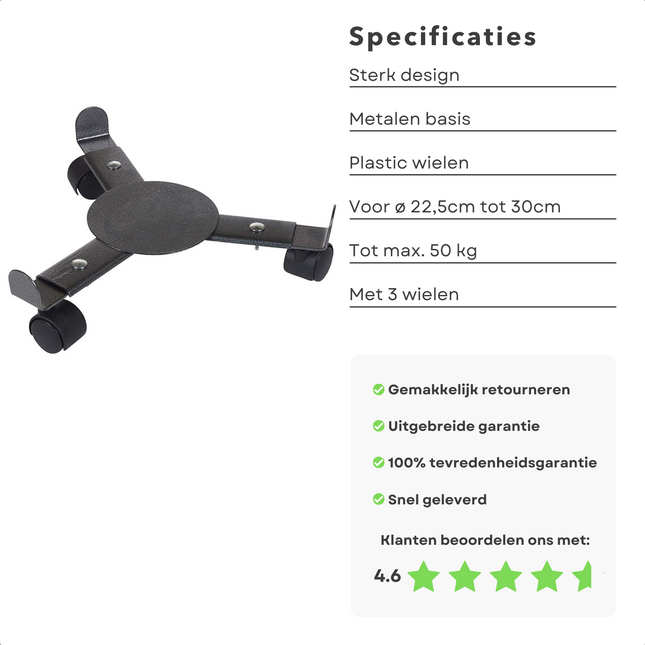 Cheqo® Plantentrolley Verstelbaar - Plantenroller - Metalen Onderstel - Kunststof Wieltjes - 22.5cm-30cm Plantenroller