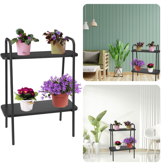 Cheqo® Metalen Bloemenrek - Plantenrek - Plantenhouder - Plantentafel - Donker Grijs - 50x26x66cm - 2 Verdiepingen Plantenrekken