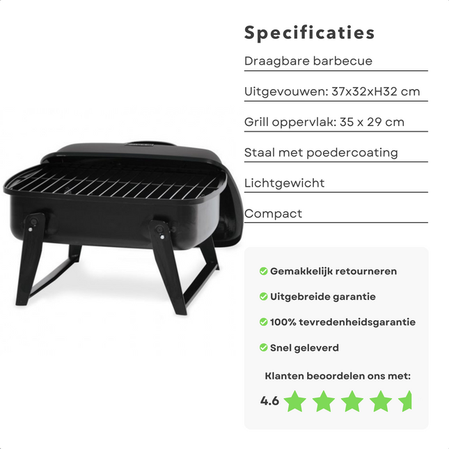 Cheqo® Draagbare Barbecue - BBQ - Houtskoolbarbecue - Houtskool - Compact & Lichtgewicht - 37x32xh32 cm - 35x29 cm Grilloppervlak - Ideaal voor Camping, Strand & Park BBQ