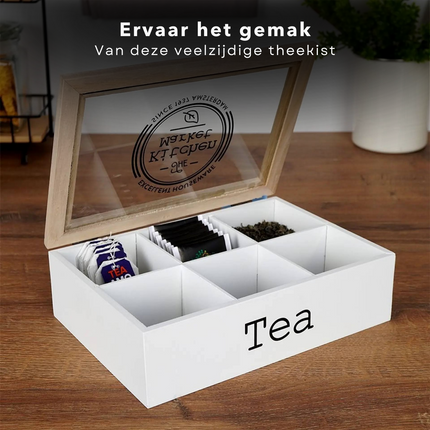 Cheqo® Houten Theekist met 6 Vakken - Theedoos - Wit - 24x16,5x7cm - Beukenhout - Stevige MDF Bodem - Geschikt voor Theezakjes Theekist