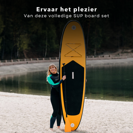 Cheqo® Complete SUP-Set - Opblaasbaar SUP Board - Stand Up Paddle Board - Tot 80kg - EVA Anti-Slip - Verstelbare Peddel - Met Rugzak en Handpomp - Oranje SUP Board