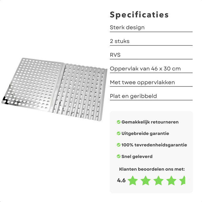 Cheqo® 2 Stuks Barbecue RVS Grillplaten - Grillrooster - Hapjesrooster 30x23cm - Vetdruipende Gleufjes - Ideaal voor Vlees, Groenten, Vis - Bakplaat voor BBQ - Barbecue Grillplaat Bakplaat voor BBQ