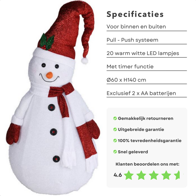 Cheqo® XXL Kerst Sneeuwpop - 140cm - 20 LED Lampjes - Timer - Waterproof - Binnen & Buiten - 2x AA Batterijen Verlichte Kerstfiguren