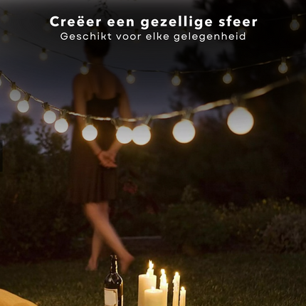 Cheqo® Partytentverlichting Lichtsnoer - 500 cm - 10 LED Lampen - 8 cm - Warm Wit - Timer - 6-18uurs - op Batterijen - Feestverlichting - Voor Binnen & Buiten Feestverlichting