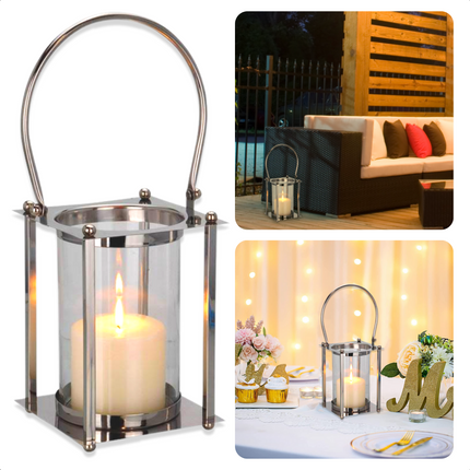 Cheqo® Luxe Ronde Lantaarn - Kaarsenhouder - Zilverkleurig - 24/44cm - 16x16cm - Zonder Kaars Tuinlantaarns