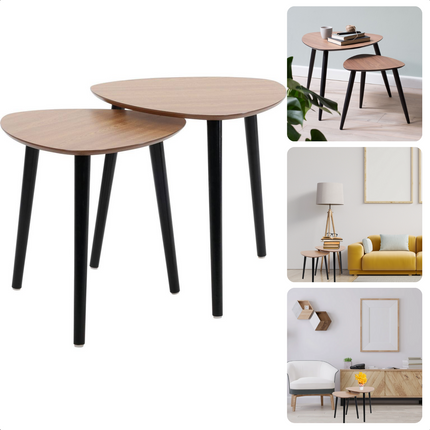 Cheqo® 2-delige Bijzettafel Set - Bijzet Tafel - Tafeltjes - Tafeltje - MDF & Zwart PVC - Hout & Zwart Bijzettafel