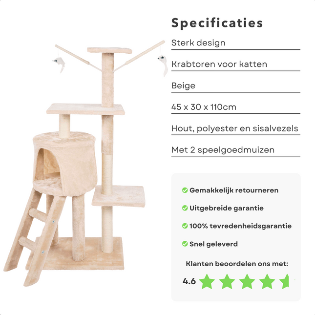 Cheqo® XL Kattenkrabtoren Wit - Krabtoren - Krabpaal - Huis voor Katten - Krabton - Kattenhuis - 45x30x110cm - Beige - 6 Palen, 4 Planken, 1 Ladder, 1 Nest, 2 Speelgoedmuizen met Stokken en Touw Krabtoren