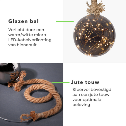 Cheqo® Jute Touw Verlichte Glazen Bal - Kerstbal - Kerstverlichting - 15 LED's - 10cm - 8-uurs Timer - Warm Wit - 100cm - 2x AA-Batterijen Verlichte Kerstfiguren