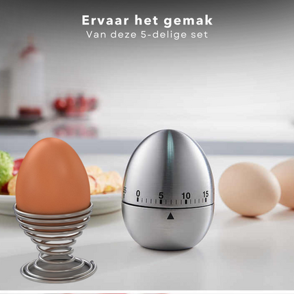 Cheqo® Kookwekker met Eierdopjes - 4 Eierdopjes - Eierdoppen - 60 Minuten - 5cm Diameter - 5,5cm Hoogte Eierdopjes