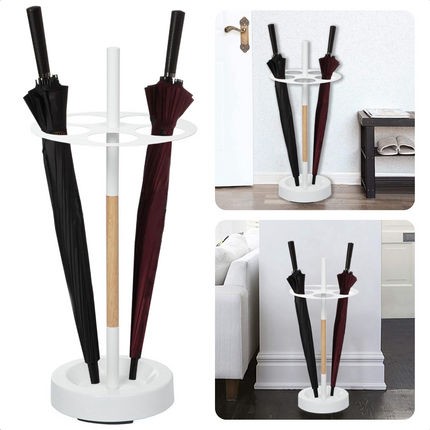 Cheqo® Paraplubak met Ruimte voor 5 Paraplu's - Parapluhouder - Houder voor Paraplu - Ø 32,5 cm - Hoogte 75 cm - Metalen Standaard met Houten Afwerking - Regenwater Opvangplaat - Makkelijk In Elkaar te Zetten Paraplubakken