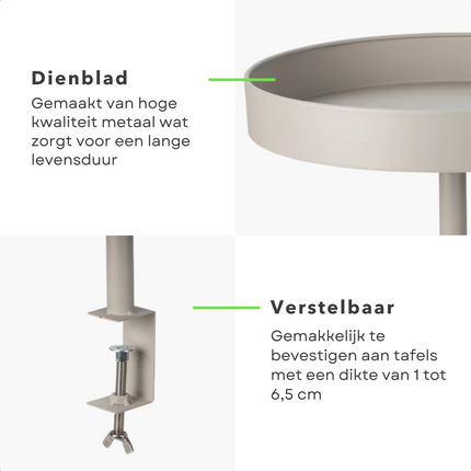 Cheqo® Dienbladtafel met Klem - Bijzettafel - Decoratief Dienblad met Klem - Balkontafel - Metaal - Ø28cm - Geschikt voor Tafels - Taupe (Lichtgrijs) Decoratieve dienbladen