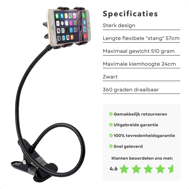 Cheqo® Tablethouder flexibel en verstelbaar - Voor Bureau, Tafel of Bed - Telefoonhouder Ergonomisch - Handig voor Thuis of Onderweg - 57cm Lengte - Klemhoogte 24cm - Max 510g - Zwart Tablethouder