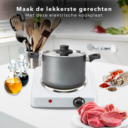 Cheqo® Elektrische Kookplaat - Keramisch - Enkel - 15cm Diameter - 1000W - 5 Standen - Indicatielampje - Stalen Basis - Wit - 23x23x7cm Kookplaat