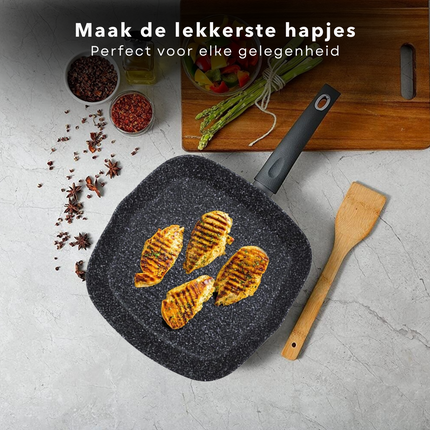Cheqo® Grillpan Inductie - ø28cm - Alle Warmtebronnen - Steakpan - Gesmeed Aluminium - 4-laags marmer coating - PFOA-vrij - Geen lood/cadmium - Soft Touch handgreep - Vaatwasmachine bestendig Grillpan