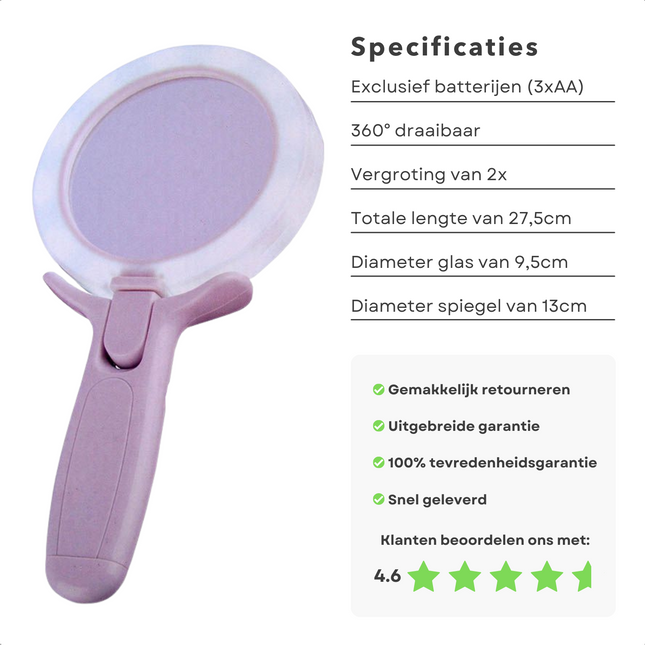 Cheqo® LED Verlichte Make-up Spiegel - 2x Vergroting - 12 LED-Lampjes - 360° Draaibaar - 27.5cm Lengte - 9.5cm Glas Diameter - 13cm Spiegel Diameter Make-up spiegels
