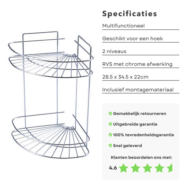 Cheqo® Hoek-Opbergrek - Doucherek - Badkamerrek - 90x90x30cm - Hoekrek - Badkamerkast - Hoekkast - Hoekkastje Doucherek