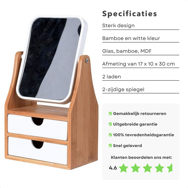 Cheqo® 2-Zijdige Make-up Spiegel met Sieradendoos - Kantelbaar - 3x Vergrotend - 2 Laden - 17 x 10 x 30 cm Make-up spiegels