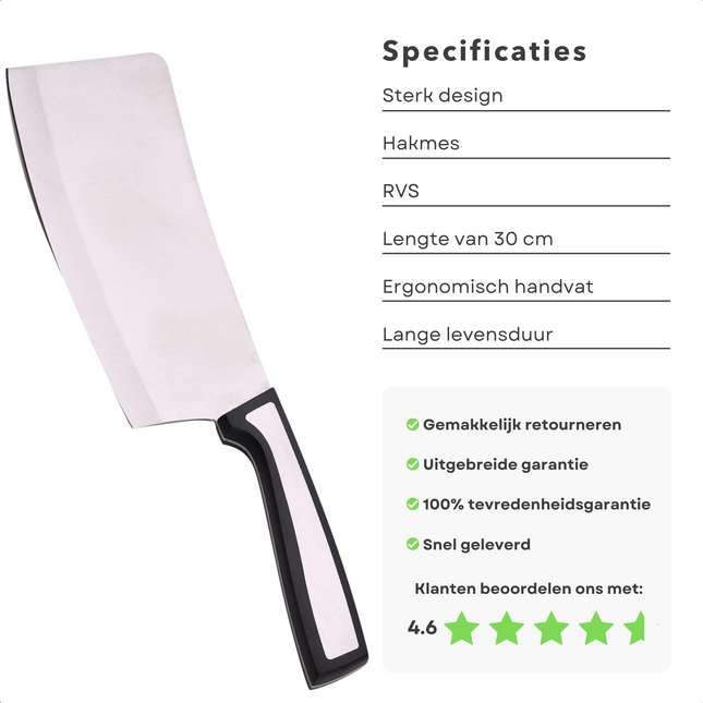 Cheqo® PRO Hakmes - Keukenbijl - Bijl - 17.5 cm - RVS - Voor Fijnhakken, Snijden, Pletten, Splijten - Chopper - Hakbijl - Hakmes - 30 cm Hakmessen