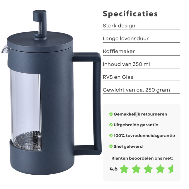Cheqo® Koffiemaker - Cafetière - 350ml - Glas & RVS - 250g - Zet de Lekkerste Koffie - Horeca - Coffeemaker -  Lange Levensduur Cafetières