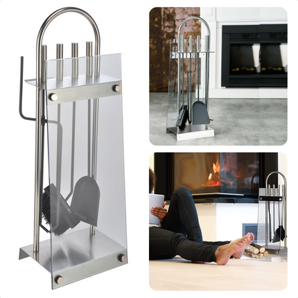 Cheqo® Openhaardset RVS - Haardstel - Haardet - Haard Accessoires - 5-delig met Veiligheidsglas - 22x15.5x64.5cm - Met Borstel, Schep, Pook, Tang - Rvs Grepen Haardstel