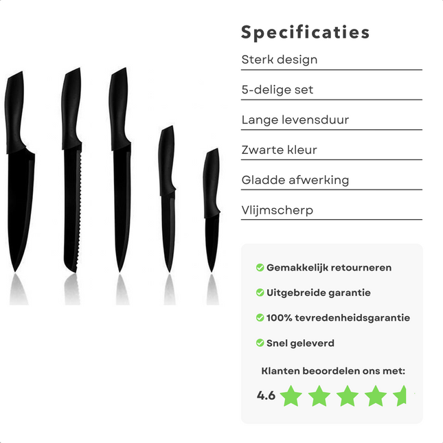 Cheqo® Luxe Messenset - Zwarte Keukenmessen Set - Zwart - 5 Stuks - Schilmes 19cm - Officemes 23cm - Broodmes 32cm - Vleesmes 32cm - Koksmes 32cm Messensets