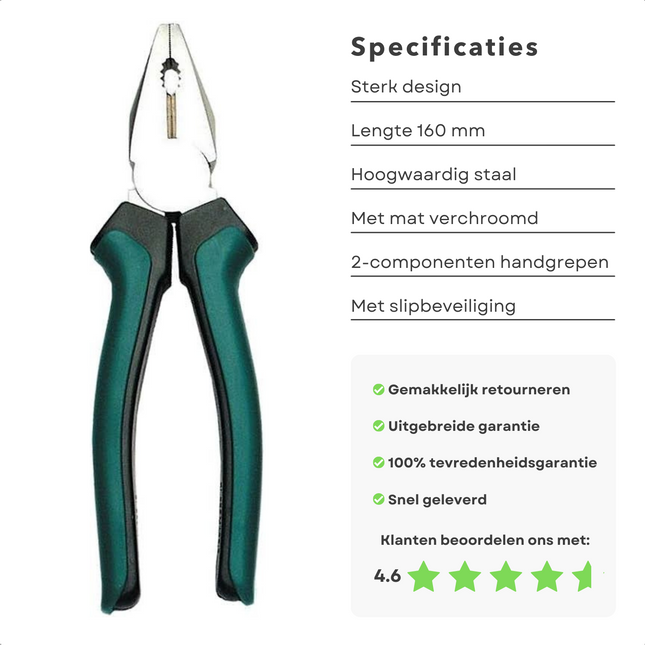 Cheqo® Combinatietang 160mm - Hoogwaardig Staal - Matverchroomd - 2-Componenten Grepen - Afglijdbeveiliging Combinatietang