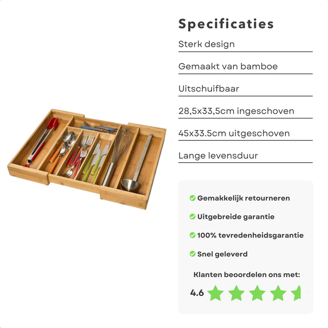 Cheqo® Bamboe Uitschuifbare Bestekbak - Besteklade - Bestekhouder - Bestekcassette Uitschuifbaar - 28,5x33,5cm naar 45x33,5cm - Vergroot met 2 Zijkanten - Vakverdeling Bestekbakken