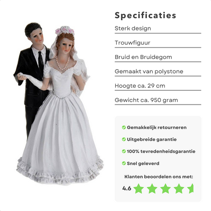 Cheqo® Luxe Trouwfiguur Bruidspaar 29cm - Polystone (Kunsthars) - Bruidstaart - Taartdecoratie Bruiloft - Taarttopper - 950g Taartfiguur