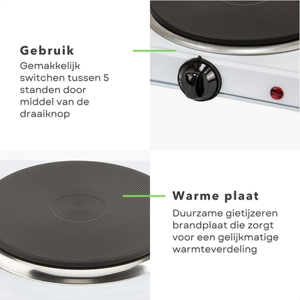 Cheqo® Elektrische Kookplaat - Keramisch - Enkel - 15cm Diameter - 1000W - 5 Standen - Indicatielampje - Stalen Basis - Wit - 23x23x7cm Kookplaat
