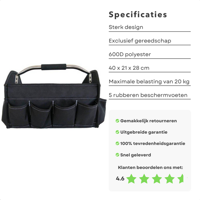 Cheqo® Draagbare Dubbelzijdige Gereedschapstas - Gereedschapskoffer - 40cm - Compacte & Ruime Tas - 20kg Draagvermogen - 600D Polyester - 5 Beschermvoeten Gereedschapstas