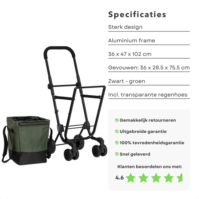 Cheqo® Boodschappentrolley 40L - Boodschappenwagen - Afneembare Boodschappentas - Verstelbaar - Stevig Frame - Met Achtervak, Reflectoren en Regenhoes - 36x47x102cm - Groen Boodschappentrolleys