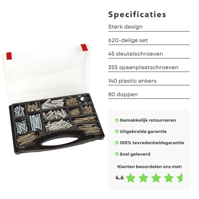 Cheqo® Houtschroeven & Pluggen Set - 620 delig - Alles-in-1 Doos - 6 mm - 8 mm - 10 mm Assortimentsdozen