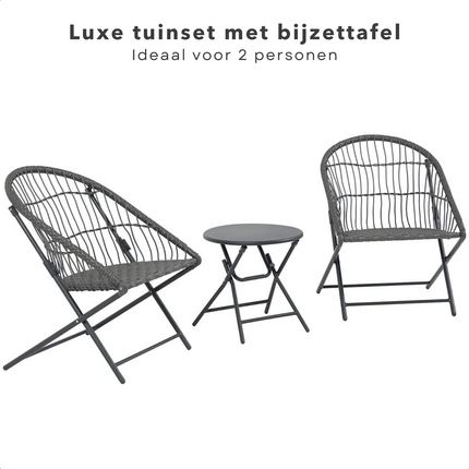 Cheqo® 3-Delige Tuinset met Bijzettafel - Metaal - Bistroset - Vouwbaar - Inklapbaar - Balkon - Tuin - 2-Persoons - Comfortabel - Lichtgewicht - Compact - Zwart - 15 kg - 62x57x78 cm - ø48x44 cm - 110 kg Draagkracht Tuinsets