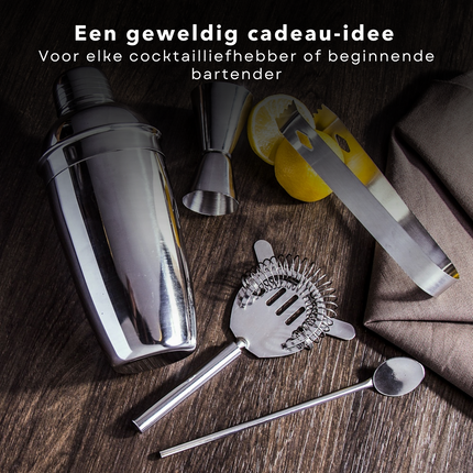 Cheqo® 6-delige Cocktail Set - Cocktail Shaker Set - RVS - Shaker, Ijsemmer, Strainer/Zeef, Opener, Mes & Ijstang - Shakerset - Cocktails Maken Cocktailset