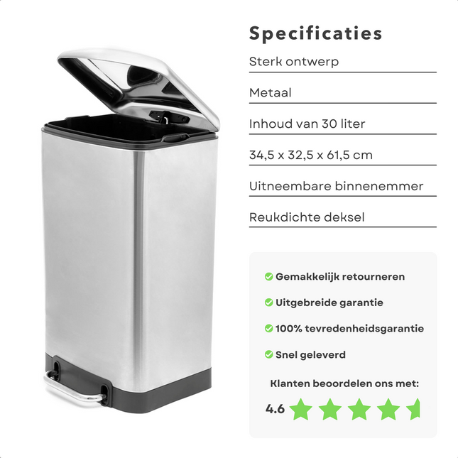 Cheqo® Prullenbak - Pedaalemmer - Afvalbak - Afvalemmer - 30L - Metaal - Chroom - 34,5x32,5x61,5cm - Soft Close - Reukdicht - Uitneembare Binnenemmer Pedaalemmer