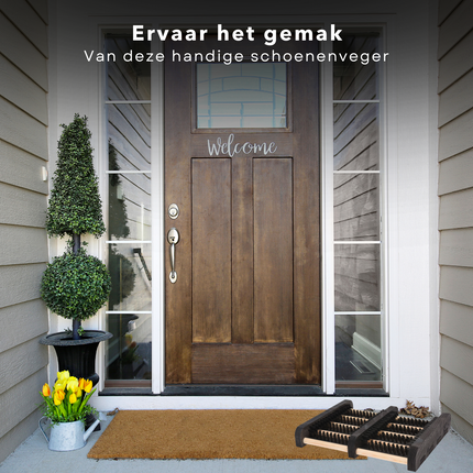 Cheqo® Schoenenveger - Borstelmat - Hout met Kunststof Borstels - Voetenveger - Deurmat - Anti Slip Strip - 34x27cm Deurmat