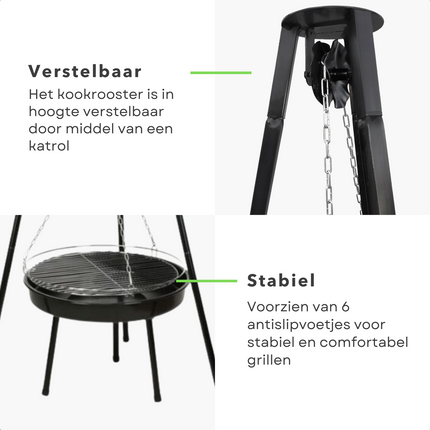 Cheqo® Vuurschaal Hangend met Grilrooster - Driepoot Model - Staal - 52cm Diameter - Grillplaat - 151cm Hoogte - Met Ketting & Grillplaat Vuurschaal