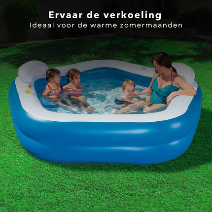 Cheqo® Vijfhoekig Familiezwembad - Opblaasbad - Zwembad Opblaasbaar - 575L - 206x213x69cm - 2 Bekerhouders - 2 Zitkussens - 2 Hoofdsteunen - Extra Brede Zijwanden Opblaas Zwembad