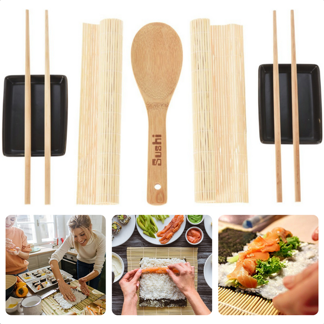 Cheqo® Sushi Set - 7 delig - Bamboe + Keramiek - voor 2 personen - 2x bordjes (10x8cm) - 1x sushilepel - 2x placemats - 2x eetstokjes - Servies - Stokjes - Voor de Echte Sushi Lover - Hoge Kwaliteit Servies