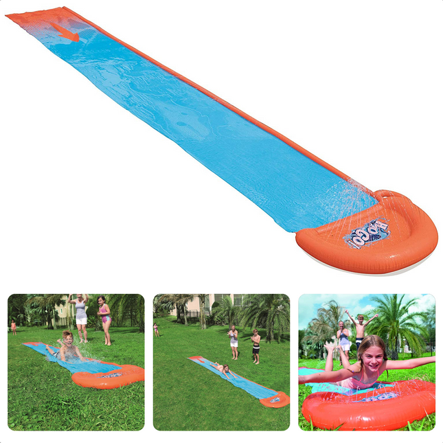 Cheqo® 1-Persoons Waterglijbaan - Waterglijmat - 4.88m - Aansluiten op Tuinslang - Buikschuifbaan - Leeftijd 3+ - Plezier voor Kinderen - Ingebouwde Sproeier - Incl. Reparatiekit - Glijbaan - Buikschuifmat - Perfect voor de Zomer Waterglijmatten