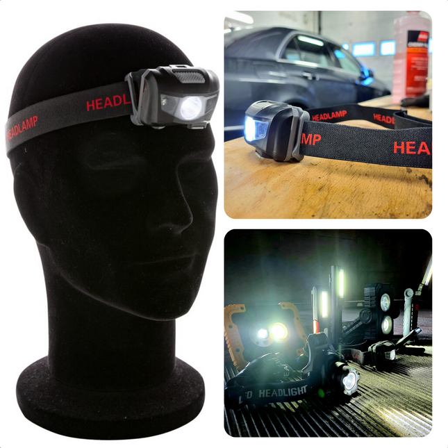 Cheqo® PRO LED Hoofdlamp - USB Oplaadbaar - Zwarte Behuizing - 1,2 Ah Li-ion - 5 Watt - 160 Lumens - COB LED-licht - 3 Lichtinstellingen - Met Bewegingssensor  - Elastische Hoofdband - 6x4x4 cm - 2014/30/EU Normering Hoofdlampen