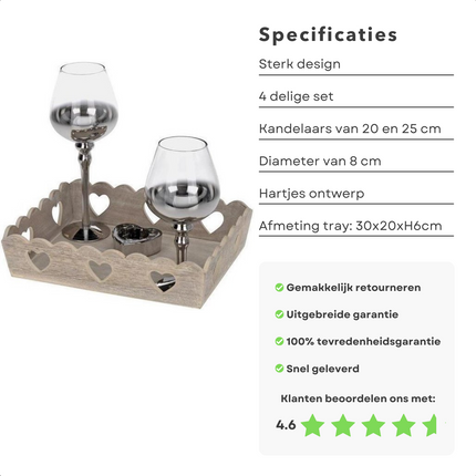 Cheqo® Kaarsen met Dienblad - Kandelaar Set - Kaarsenbord - Kaarsenplateau - Kaarsplateau - Woonaccessoires - 4-Delig - 2 Glazen en 1 Zilver Hart - Voor Waxinelichtjes en Kleine Kaarsen Decoratieve dienbladen