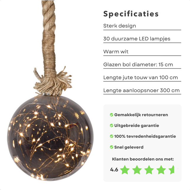 Cheqo® Jute Touw Verlichte Glazen Bal - Kerstbal Lamp - 30 LED's - 15cm - 100cm - Natuurlijk & Landelijk Interieur - Trendy Industrieel - 300cm Aanloopsnoer - IP20 - 230V, 50Hz, 1.8W, 3V, 15mA. Verlichte Kerstfiguren