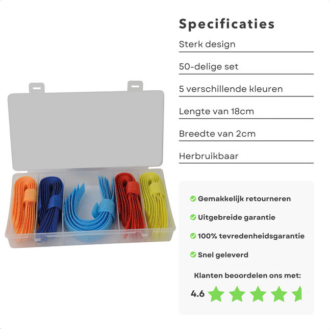 Cheqo® 50-delige Klittenbandset - Voor Huis & Hobbygebruik - 5 Kleuren - 18cm x 2cm - Kabelbinders - Kabel Organiser Kabelbinders
