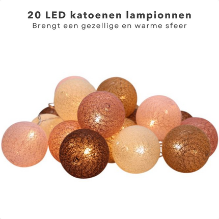 Cheqo® Decoratieslinger Verlicht - 20 LED Lampionnen Katoen - Timer - 6u Aan/18u Uit - Lengte Van 3 Meter - ø6cm Diameter - Voor Binnen En Buiten - Lichtsnoer - Tuinverlichting -  Feestverlichting - 20-delige set - Sfeerverlichting Lichtsnoer