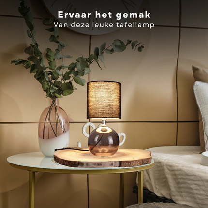 Cheqo® Tafellamp met Zwarte Lampenkap - 24cm - Zwart - Glazen Basis - Nachtkastje Lamp - Aan/Uit-Schakelaar - 150cm Snoer - E14 Tafellamp