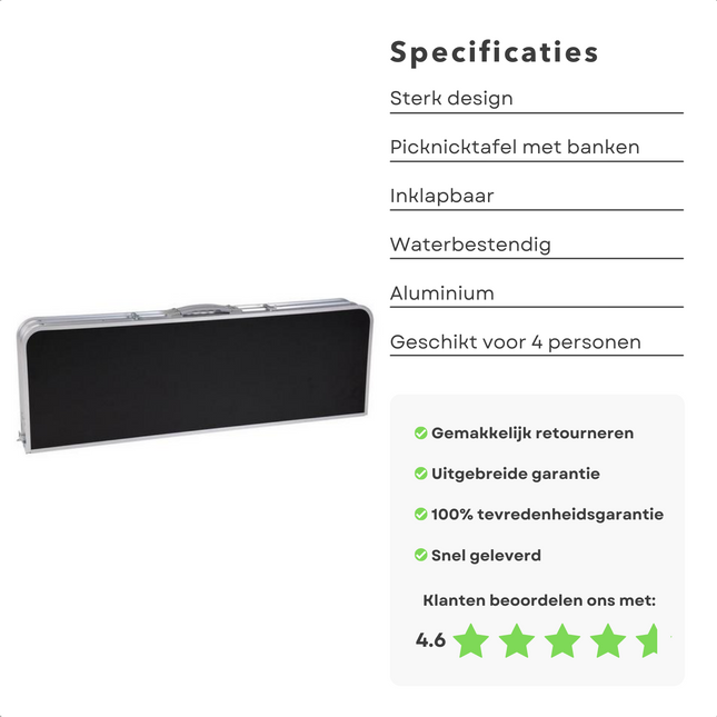 Cheqo® Picknicktafel met Banken - Campingtafel Set Inklapbaar - Tuintafel - Tafel met Bankjes - 90x60cm - 70cm Hoogte - Aluminium - 4 Personen - Inklapbaar tot 1 Pakket. Campingtafels